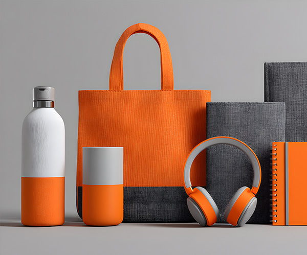 A collection of orange and charcoal promotional products